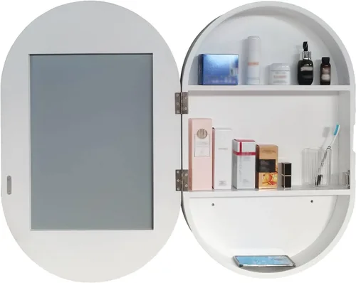 Miniatura 6 de Gabinete de espejo ovalado montado en la pared, armario de baño de madera, espejo de tocador de baño con estante de almacenamiento