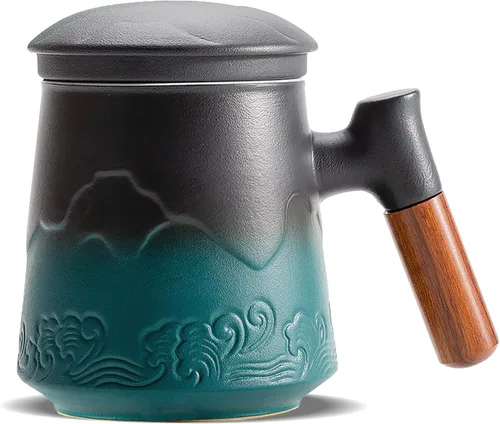 Miniatura 10 de ZENS Taza de Té de Cerámica en Relieve con Infusor y Tapa, 14.5 oz, Asa de Madera, Tazas Infusoras de Té de Hojas Sueltas y Colador para Regalos