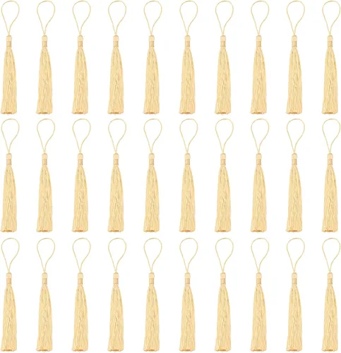 Miniatura 33 de VAPKER 30 borlas negras de 5.1 in/5 pulgadas, sedosas, hechas a mano, suaves, con lazo de cordón de 2 pulgadas para hacer joyas, proyectos