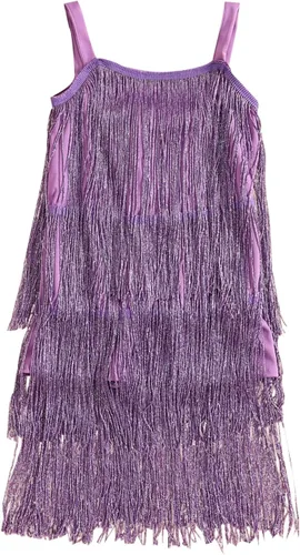 WALLARENEAR Vestido de lentejuelas para niños, vestido sin mangas con borlas brillantes, vestido de baile latino para fiesta, vestido de baile
