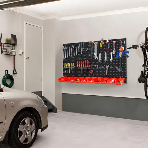 Miniatura 5 de Organizador de pared perforado Ultrawall, paneles de tablero de clavijas de metal negro, sistema de almacenamiento para garaje con ganchos