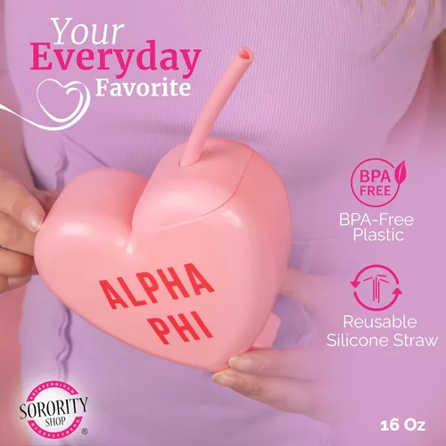 Miniatura 3 de Sorority Shop Theta Phi Alpha - Vaso con popote en forma de corazón, de 16 onzas, con tapa y popote de silicona, vaso de plástico reutilizable