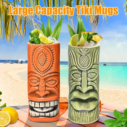Miniatura 3 de SuproBarware Tiki - Juego de 2 tazas de cóctel hawaianas grandes con pajitas y posavasos, lindos vasos de cóctel exóticos para fiesta Tiki Bar
