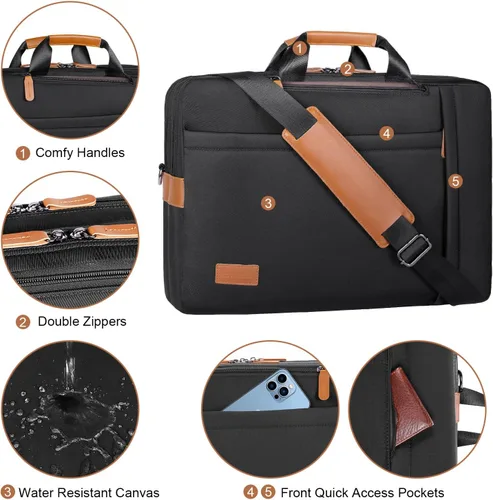 Miniatura 4 de ESTARER Bolsa para laptop 3 en 1 para hombres, mochila para laptop de 17-17.3 pulgadas, bolsa bandolera para computadora para Nailon Negro