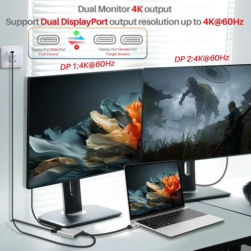Miniatura 4 de Adaptador DisplayPort a DisplayPort dual (doble 4K a 60 Hz), divisor DP 1 en 2 salidas Pantalla extendida MST 1 DP macho a 2 DP hembra