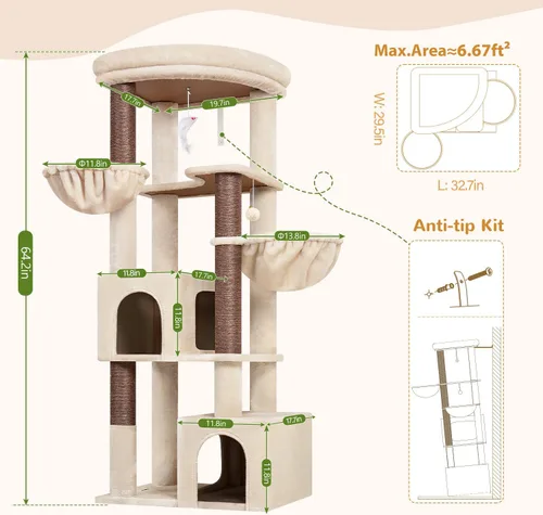 Miniatura 6 de Globlazer Árbol esquinero de 64 pulgadas para gatos grandes de interior, torre para gatos de varios niveles que ahorra espacio con 2 condominios, 2