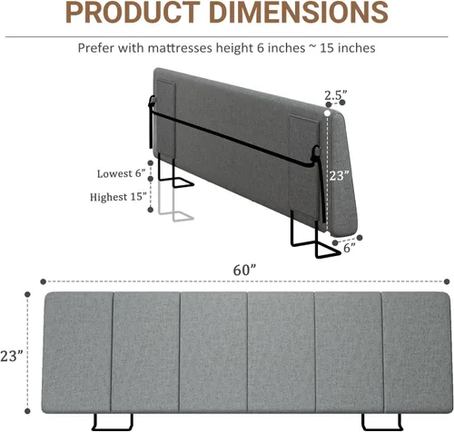 Miniatura 2 de Cabecero tamaño Queen sin montaje, Cabecero tapizado tamaño Queen de tela de lino estilo moderno extra grueso para cama ajustable, color gris oscuro