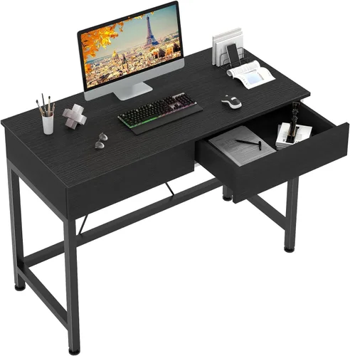 CAIYUN - Escritorio pequeño de computadora con cajones, escritorio de 39.4 pulgadas para oficina en casa con almacenamiento, escritorio moderno y