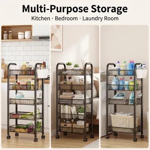 Miniatura 5 de Cesta de frutas delgada de 5 niveles, carrito apilable de almacenamiento de verduras para cocina, organizador de frutas de alambre de metal sobre