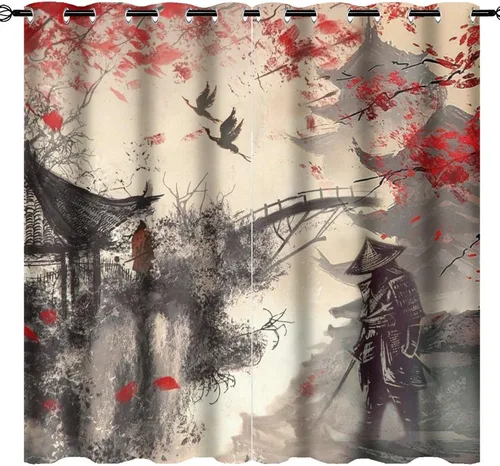 Miniatura 12 de Cortinas opacas abstractas japonesas samuráis para dormitorio, caballo samurái rústico, rojo, ojal, aislamiento térmico, cortinas de oscurecimiento