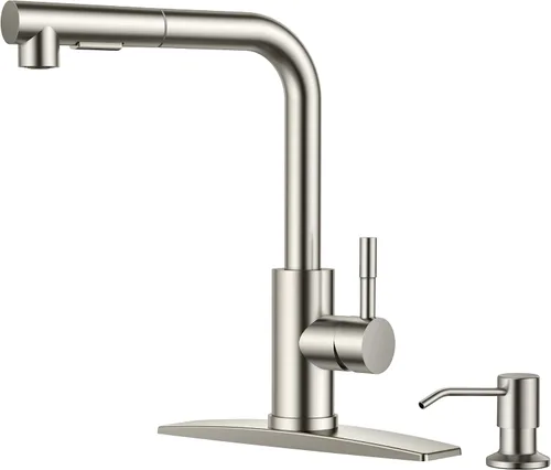Miniatura 16 de FORIOUS Grifo de cocina negro con rociador desplegable, grifo clásico de acero inoxidable de una sola manija con salida extraíble para fregadero