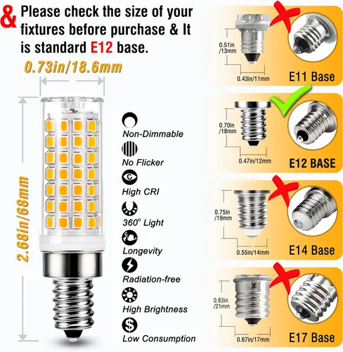 Miniatura 4 de ALIDE Bombillas LED de repuesto E12 de 75 W para candelabros C7, 2700 K, blanco cálido, 800 lm, T6, 7.5 W, bombillas LED E12 para lámpara colgante