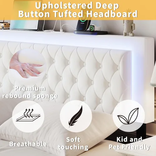 Miniatura 4 de Base de cama tamaño matrimonial con cabecera capitoné con botones, base de cama tapizada con luces LED, estación de carga, almacenamiento