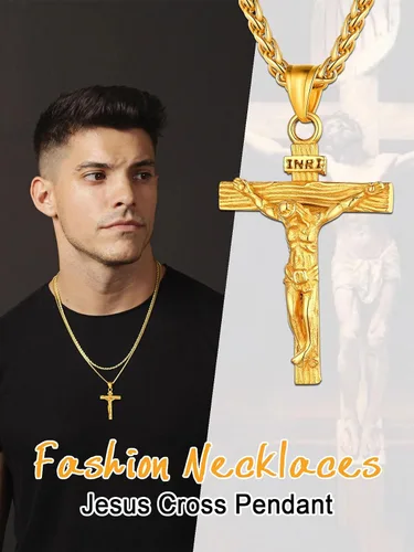 Miniatura 4 de U7 Colgante de cruz de crucifijo para hombre con cadena de bautismo, joyería cristiana, acero inoxidable, oro de 18 quilates, collar antiguo