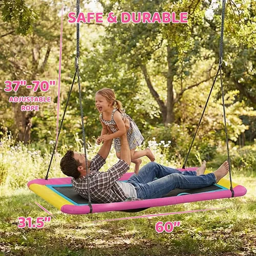 Miniatura 6 de Columpio de árbol de plataforma rectangular de 60 pulgadas para niños y adultos, columpio volador gigante con correa ajustable para colgar, tela
