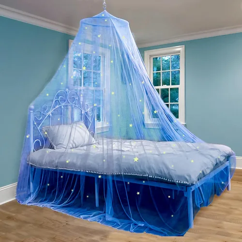 Miniatura 2 de Bollepo Toldo de cama azul y morado para niñas con unicornios + estrellas brillantes, decoración de habitación de red de cuna de princesa, cortinas
