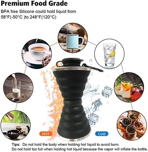 Miniatura 5 de Collapsible Water Bottle, Camping Cup With Carabiner, Reuseable Silicone Foldable Leak Proof Portable Sports Travel Water Bottles For Outdoor, Negro