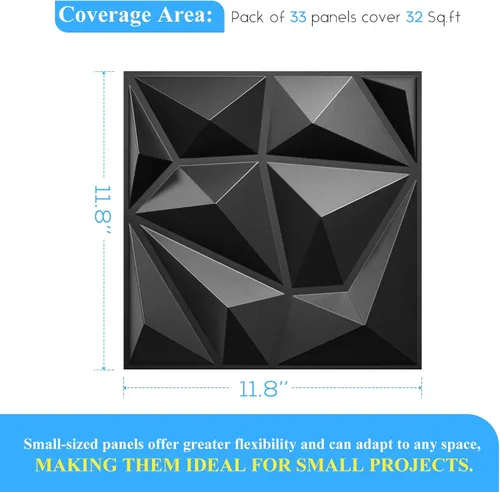 Miniatura 5 de Paquete de 33 paneles decorativos 3D de pared para decoración de pared interior, 12 x 12 pulgadas, diseño de diamante negro para sala de estar
