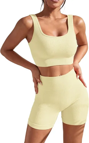 Chiphell Conjuntos de entrenamiento acanalados para mujer 2 piezas con cuello cuadrado y pantalones cortos de motociclista de cintura alta sin
