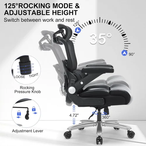Miniatura 7 de Silla de oficina ergonómica resistente de 500 libras, silla de escritorio grande y alta con soporte lumbar ajustable, reposacabezas 3D, respaldo