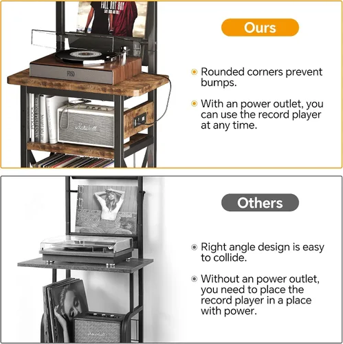 Miniatura 7 de Homeiju Soporte para tocadiscos con toma de corriente, estante de exhibición de discos de vinilo de 6 niveles, mesa de tocadiscos con almacenamiento