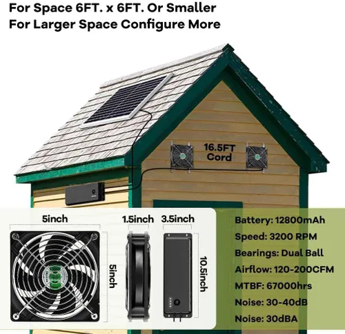 Miniatura 7 de Ventilador solar con batería, ventilador solar recargable para gallinero, invernadero, cobertizo, exterior con dos ventiladores de entrada de escape