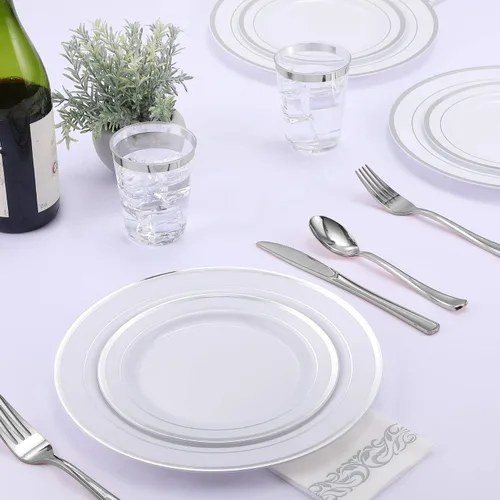 Miniatura 7 de FOCUSLINE Juego de vajilla plateada de 175 unidades para 25 invitados, platos de plástico desechables con borde plateado resistente, incluye 25