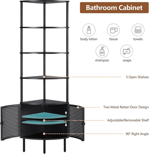 Miniatura 4 de Estante esquinero de 66.92 pulgadas de alto de 4 niveles, armario de baño esquinero con puertas de ratán de metal, estante de almacenamiento