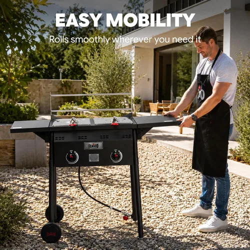 Miniatura 3 de Freidora profunda al aire libre de propano Feasto, tanque doble con quemadores independientes dobles de hierro fundido y termómetros, olla