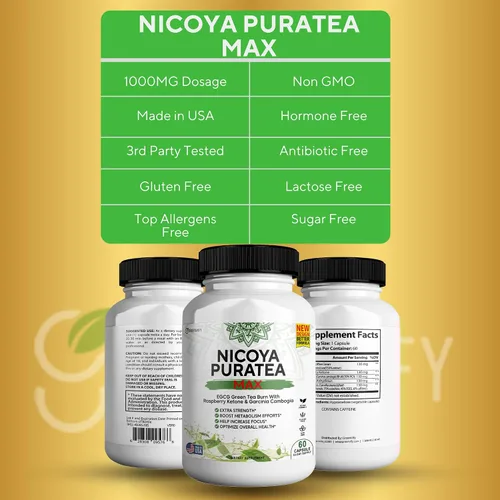 Miniatura 5 de Nicoya PuraTea Max Extracto de té verde y grano de café verde para apoyo al metabolismo, impulso de energía natural, suplemento rico