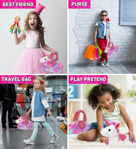 Miniatura 4 de DolliBu Bolso de peluche de unicornio morado para mascotas - Lindo bolso de unicornio para niñas, Rosado
