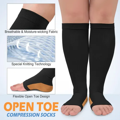 Miniatura 3 de Paquete de 3 calcetines de compresión de cobre para mujeres y hombres, 20-30 mmHg con punta abierta hasta la rodilla, medias altas para soporte