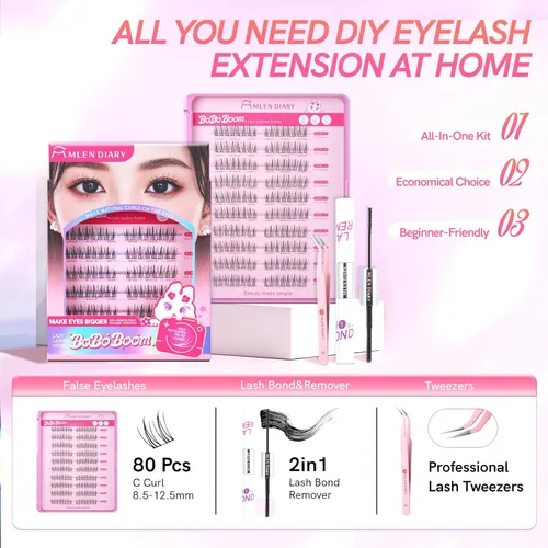 Miniatura 2 de MLEN DIARY Lash Clusters Kit 80PCS Natural Eyelash Clusters C Curl Wispy DIY Eyelash Extensions Kit with Lash Bond and Remover Tweezers 8.5-12.5mm