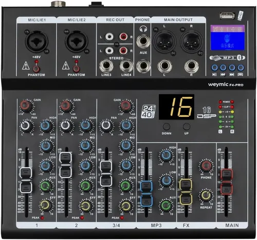 Mezclador profesional F4-Pro | Mezclador de 4 canales de 2 buses/con interfaz de audio USB para grabación DJ Stage Karaoke Music Aplicación