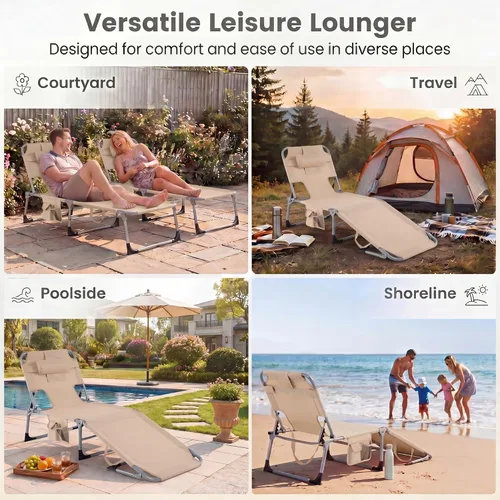 Miniatura 5 de Goplus Silla bronceadora, silla de playa plegable con agujero para cara y brazo, posición ajustable, almohada extraíble, bolsillo lateral, silla