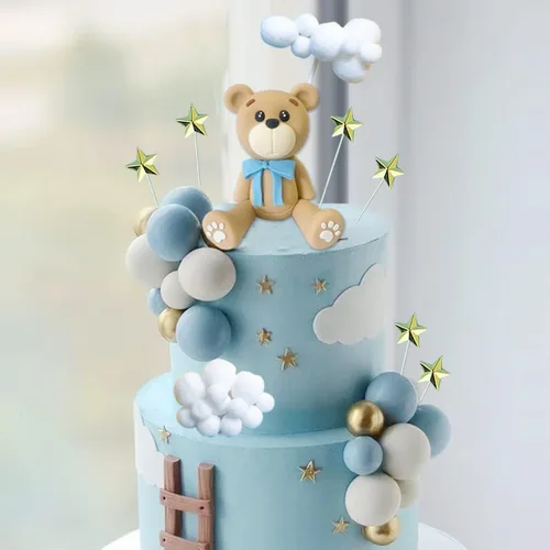Decoraciones para tartas de oso con bolas de pastel y estrellas y nubes, decoraciones para tartas para baby shower y cumpleaños para niño o niña