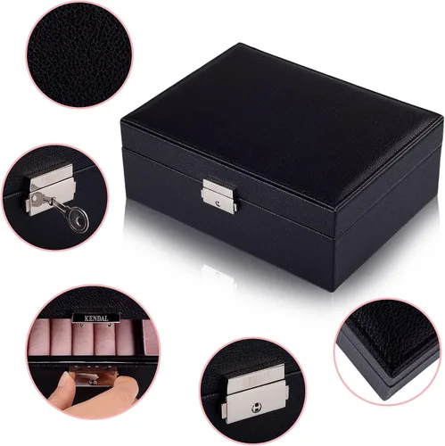 Miniatura 3 de Kendal 2 bandejas de cuero negro viaje joyero caja organizador de almacenamiento con cerradura LJT004BK