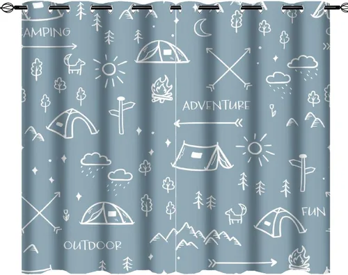 Miniatura 31 de Cortinas abstractas con estampado de cámper de caricaturas, divertido tema de aventura, campamento, montañas, vida silvestre, oso, tratamiento