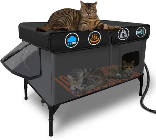 Miniatura 8 de Casa Calentada para Gatos de Exterior Aislada en Invierno, Súper Grande, Completamente Impermeable, Toldo Ajustable, Puerta de Escape, Refugio