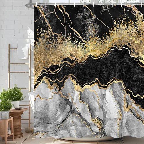 Miniatura 14 de Cortina de ducha abstracta de mármol negro gris y dorado con grietas, cortina de baño moderna ombre impresa, cortina impermeable y lavable de tela