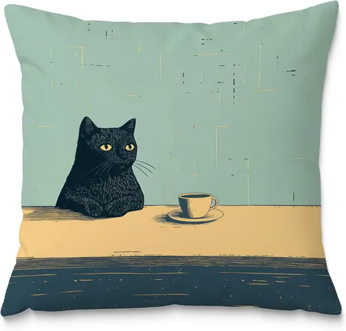 Fundas de almohadón de gato negro 18x18, fundas de almohada con pintura estética de gato negro, decoración vintage de gatos bebiendo café para