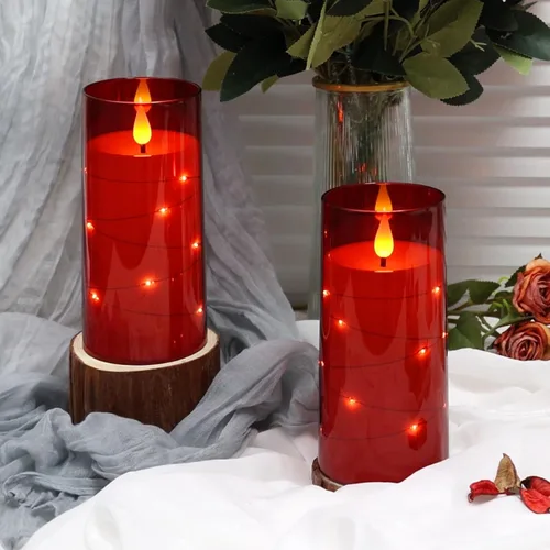 Miniatura 6 de NURADA Velas parpadeantes sin llama: luces de cadena de estrellas integradas que funcionan con pilas, velas LED de pilar con control remoto y Rojo