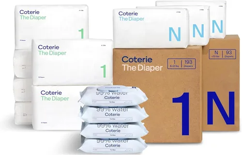 Miniatura 9 de Kit de toallitas y pañales para bebé Coterie, tamaño recién nacido (186 unidades) y 12 paquetes (672 unidades) de toallitas para bebé con 99%