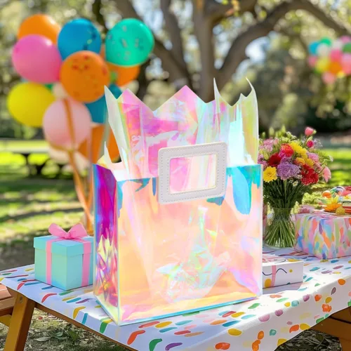 Miniatura 3 de Bolsa de regalo grande holográfica con papel de seda reutilizable para cumpleaños, bolsa de regalo para mujeres y niñas, iridiscente, para despedida