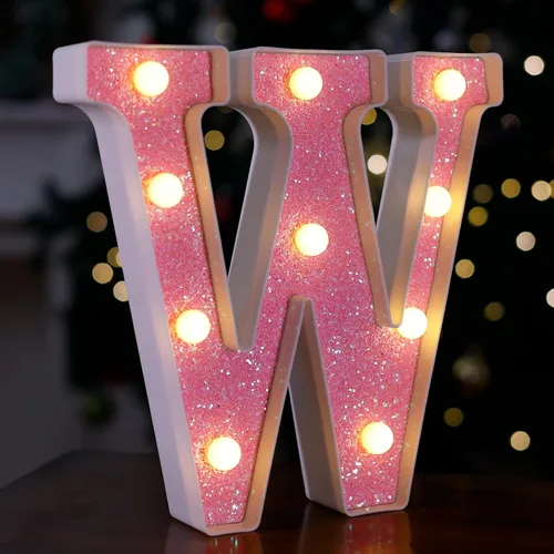 Miniatura 35 de Letras con luces LED, letras de marquesina con brillantina rosa, letras del alfabeto, letreros iluminados por pilas, para decoración de fiestas
