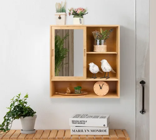 Miniatura 6 de ZYBT Gabinete de Baño de Bambú, Gabinetes de Medicina con Espejo, Gabinete de Baño Montado en la Pared con Almacenamiento, Gabinetes de Medicina