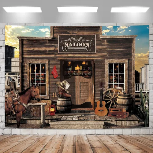 Miniatura 14 de Telón de fondo vintage vaquero occidental 2.1x1.5 m puerta de granero de madera rural para bar de país, salón, caballo, oeste salvaje, tela
