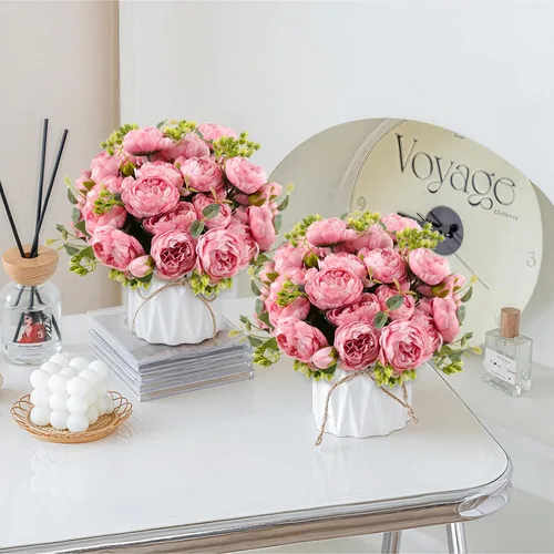 Miniatura 2 de Ramo de peonías artificiales de seda, 4 paquetes de rosas persas sintéticas con hojas de eucalipto para decoración del hogar, boda, fiesta