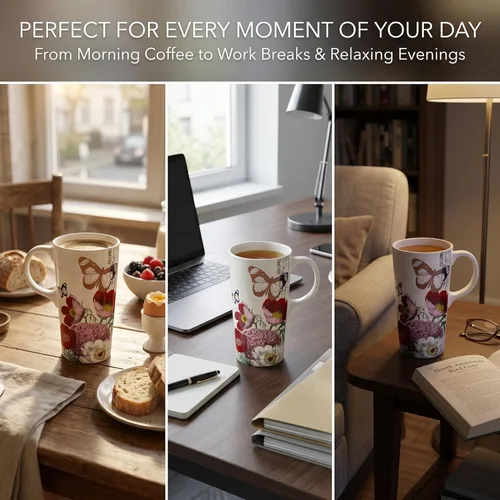Miniatura 3 de Topadorn Taza de café de cerámica de 17 onzas con tapa y caja de regalo para viaje, Flor Roja y Mariposa Botanical Gardens
