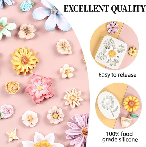 Miniatura 4 de KALAIEN Molde de silicona para fondant de girasol, 4 unidades, para decoración de pasteles, chocolate, caramelo, azúcar, bricolaje, pasta de goma